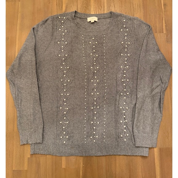 LOFT Outlet Sweaters - LOFT Outlet Women's Gray Pearl Embellished Crew Neck Sweater Size L